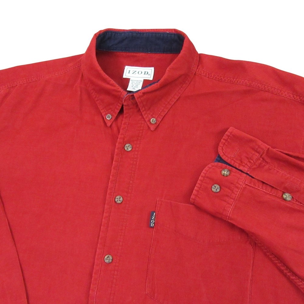 Vintage Izod Mens Corduroy Button Down Shirt XL Red Long Sleeve Flip Cuff